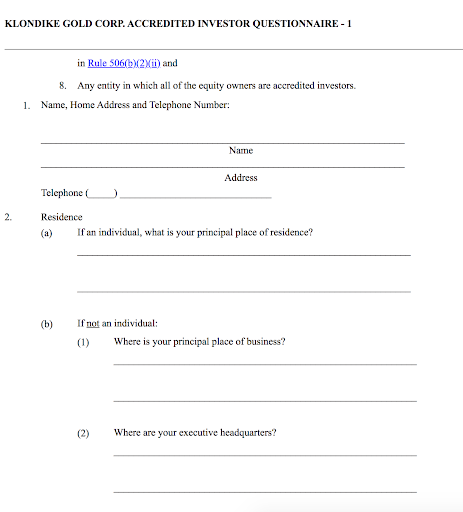 Screenshot of example accredited investor questionnaire