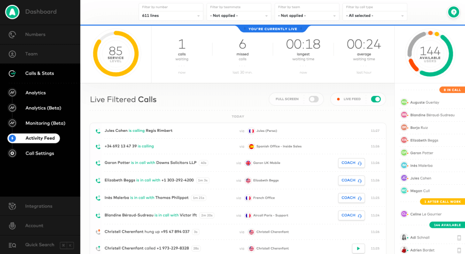 Aircall live filtered calls to search and connect with contacts quickly