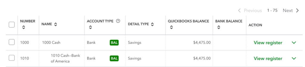 QuickBooks bank account list showing a Bank of America savings account with a balance of $4,475.