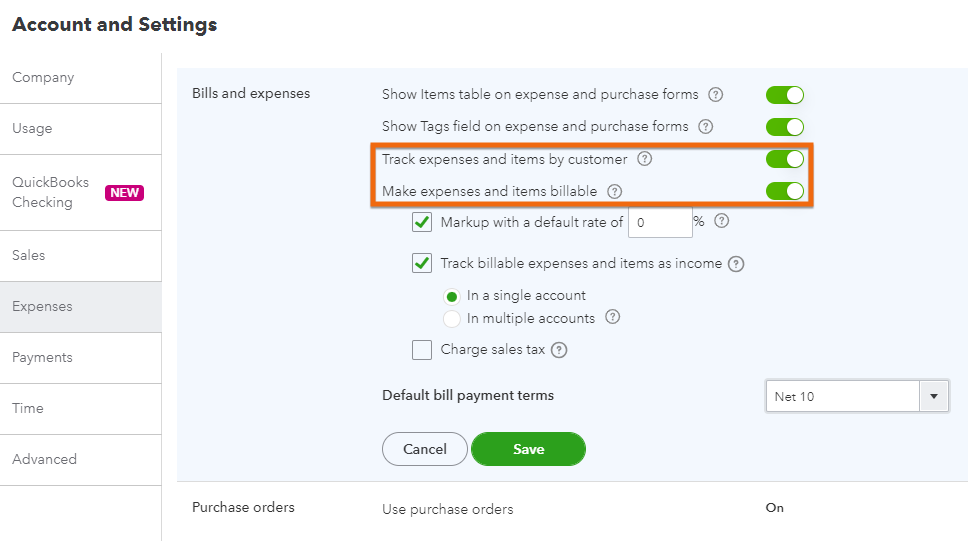 Expenses tab highlighting the billable expense settings in QuickBooks