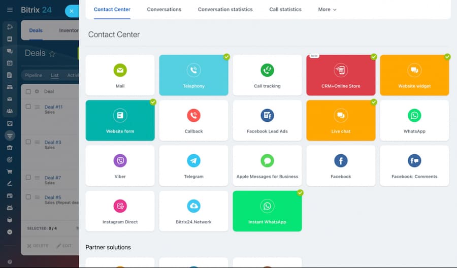 Bitrix24's Contact Center dashboard with several widgets for communication channels, including email, telephony, live chat, and social media messaging.