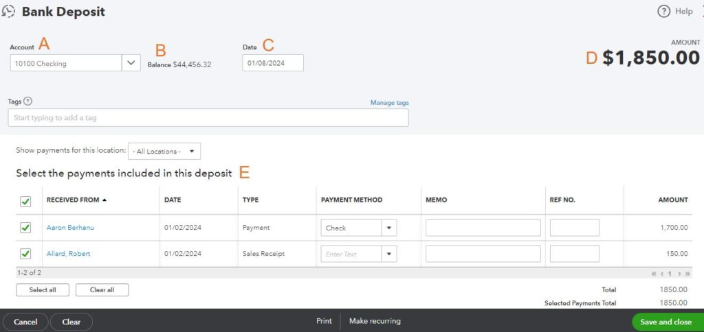 Bank Deposit screen in QuickBooks showing fields like account and balance