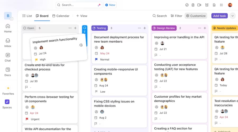 ClickUp's board view of core tasks with options for list and calendar views.