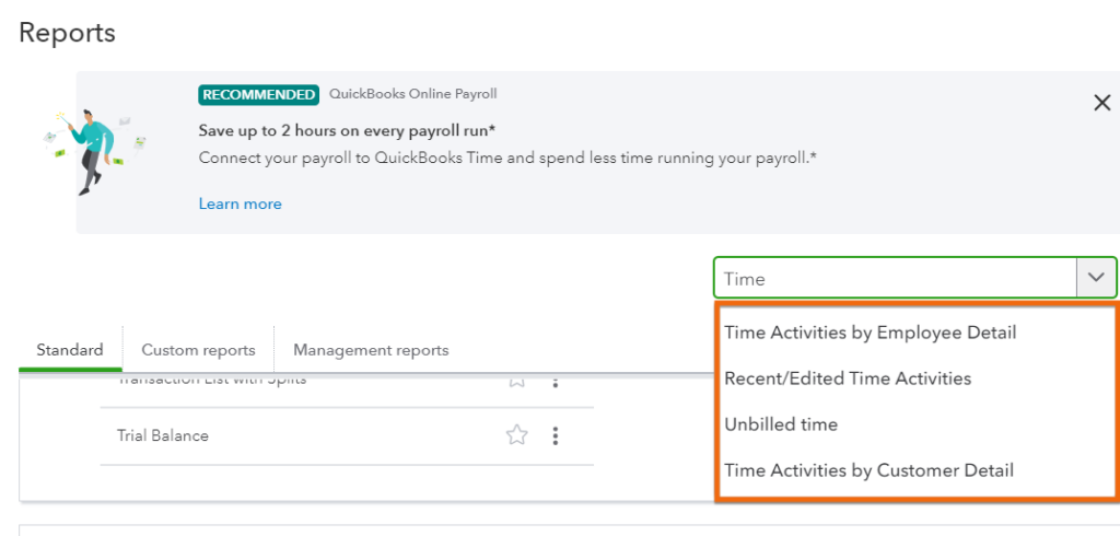 Time tracking reports in QuickBooks, including Time Activities by Employee Detail and Unbilled Time