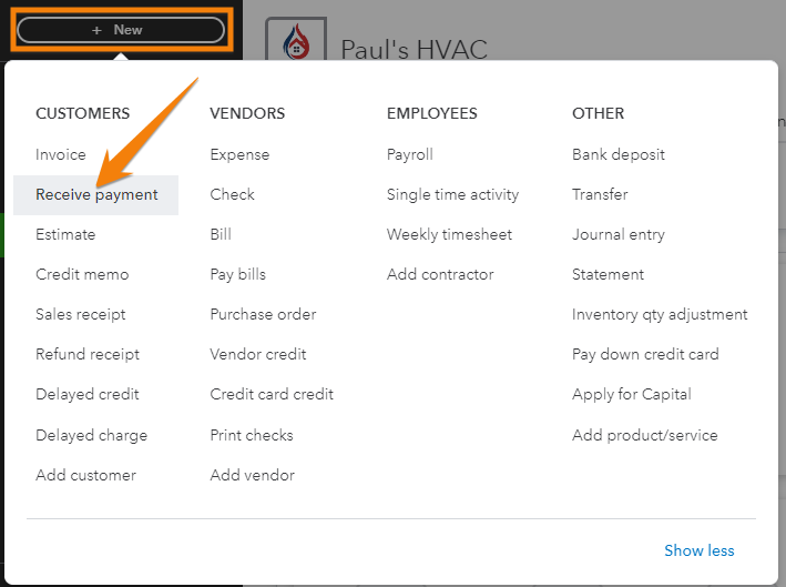 Screen showing how to navigate to the Receive payment screen in QuickBooks