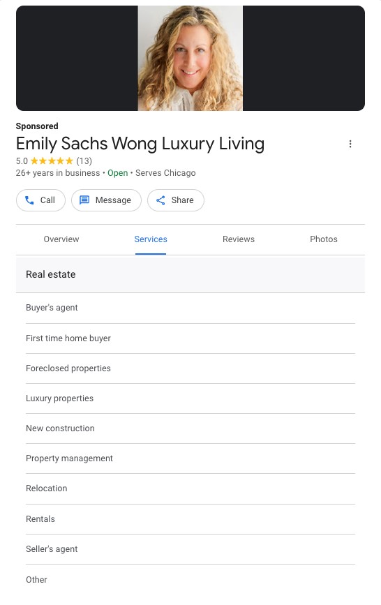 Emily Sach Wong Luxury Living services list