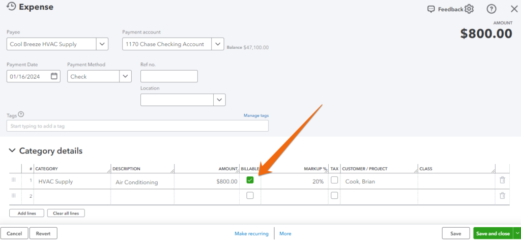 Expense form in QuickBooks highlighting the billable field
