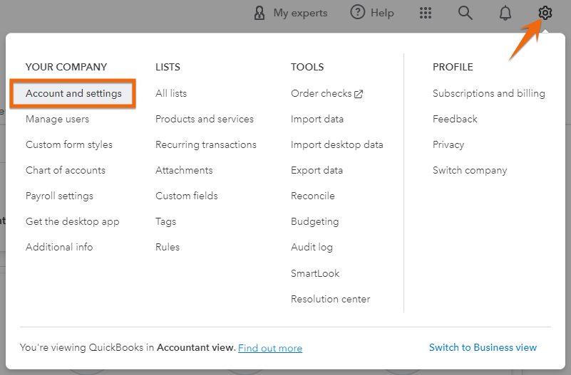 Screen showing how to navigate to Account and settings in QuickBooks