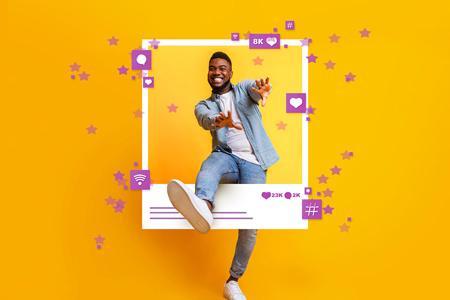African American guy dancing and jumping out of photo frame on yellow background, collage with social media reactions.