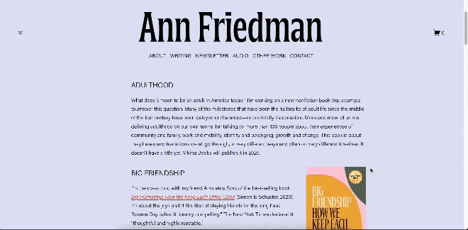 Ann Friedman's writing portfolio showcasing published books, and links to published essays, features, and profiles.