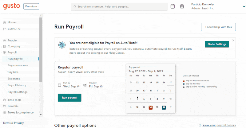 Gusto automated payroll dashboard.