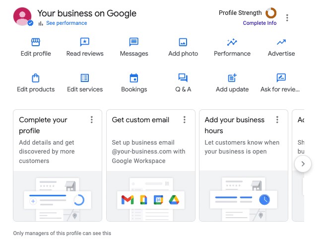 Google My Business management screen titled "Your business on Google"