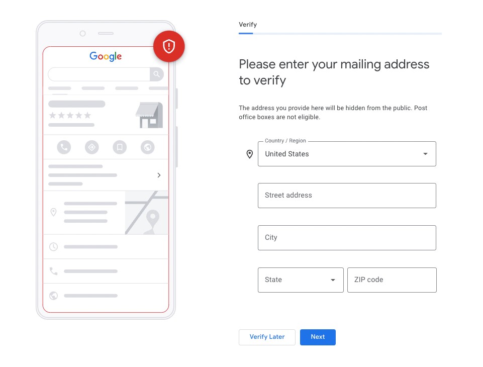 Google Business Profile verification screen asking for business address