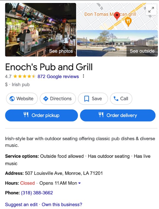 Google Business Profile showing customer reviews of a pub