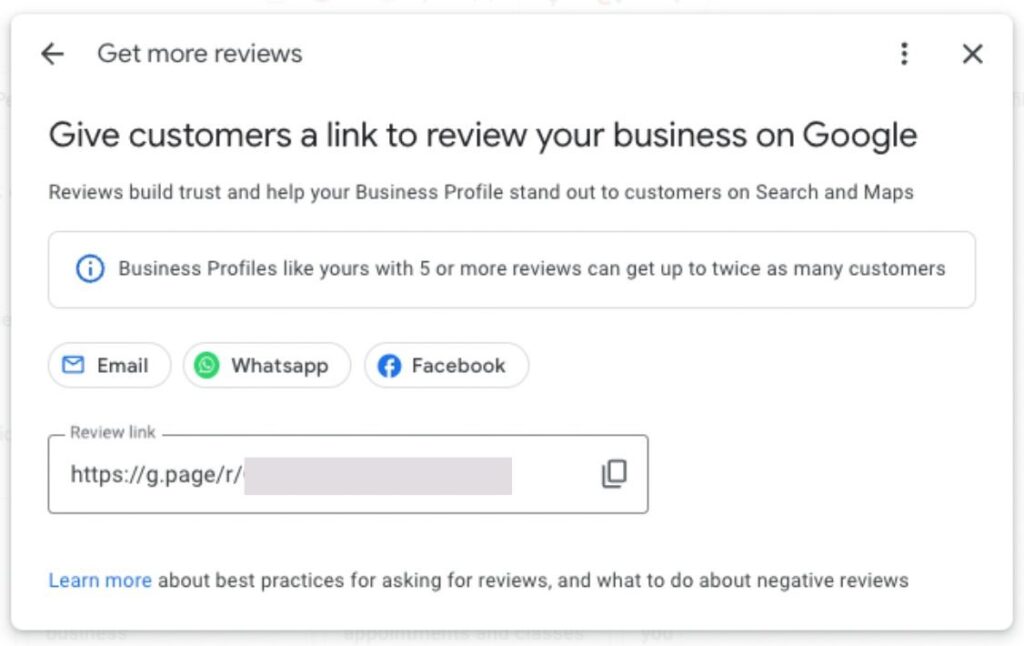 Google My Business link to ask for reviews