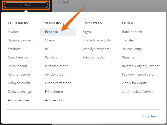 Screen showing how to navigate to the Expense form in QuickBooks