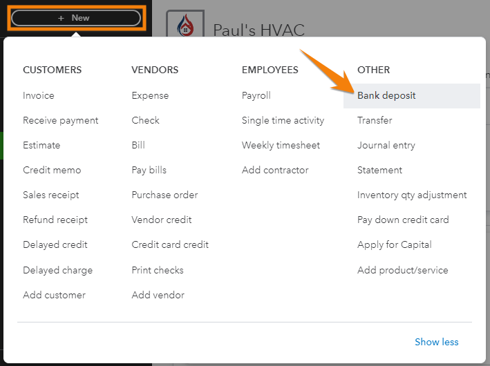 Screen showing how to navigate to the Bank Deposit screen in QuickBooks