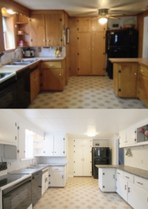 Wood kitchen cabinets painted white before and after