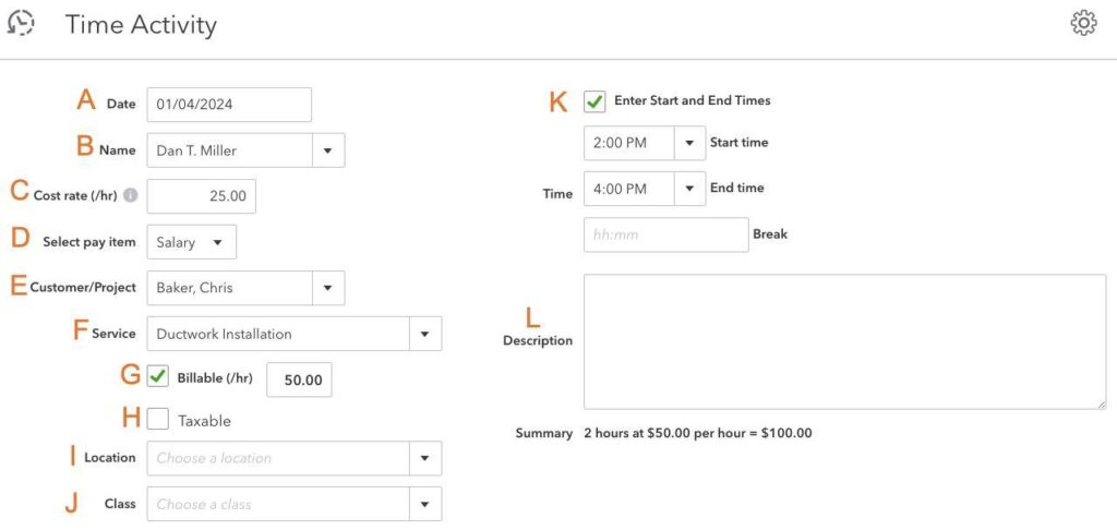 Single-time activity form in QuickBooks, showing labeled fields, like date, name, and cost rate per hour
