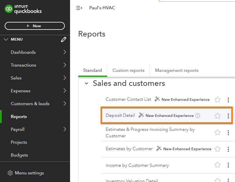 Screen showing how to create a Deposit Detail report in QuickBooks