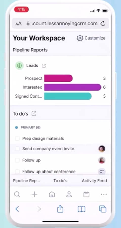 Less Annoying CRM workspace accessed using Safari browser for iPhone.