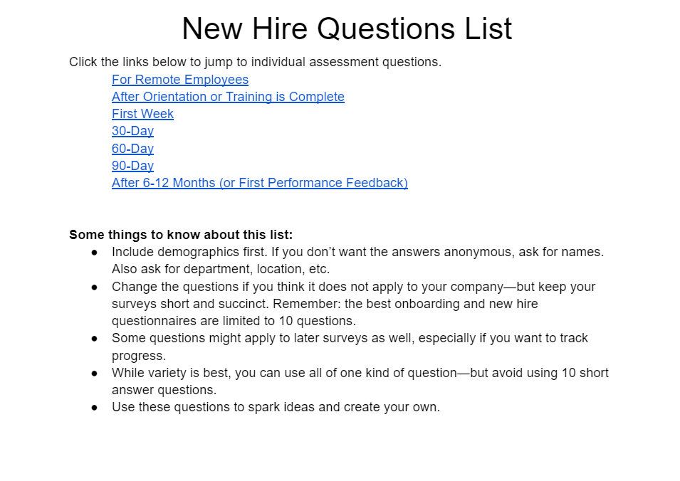 New Hire Questions List