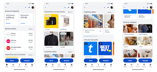 PayPal's redesigned app featuring offers and shopping in addition to account information
