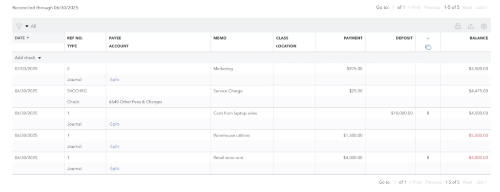 QuickBooks journal showing reconciled transactions through 06/30/2025, with payments and one deposit listed.