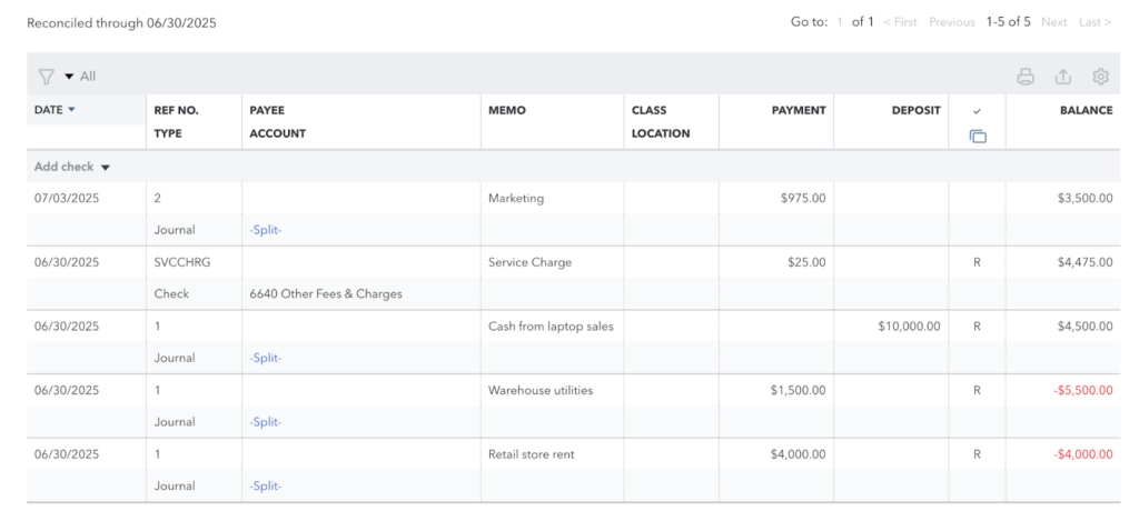 QuickBooks ledger with five transactions, including deposits, payments, and running balances through 06/30/2025.