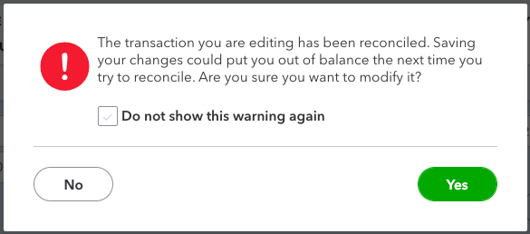 QuickBooks warning prompt, with "No" and "Yes" options.