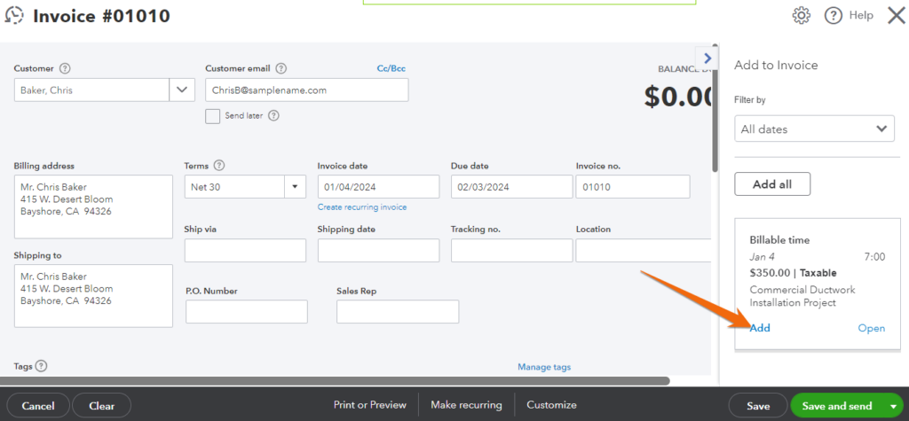 Screen showing how to add a billable time directly to an invoice in QuickBooks