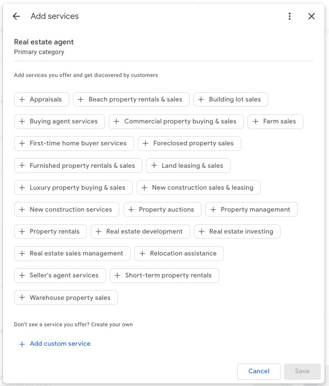 Google My Business services options for real estate agents