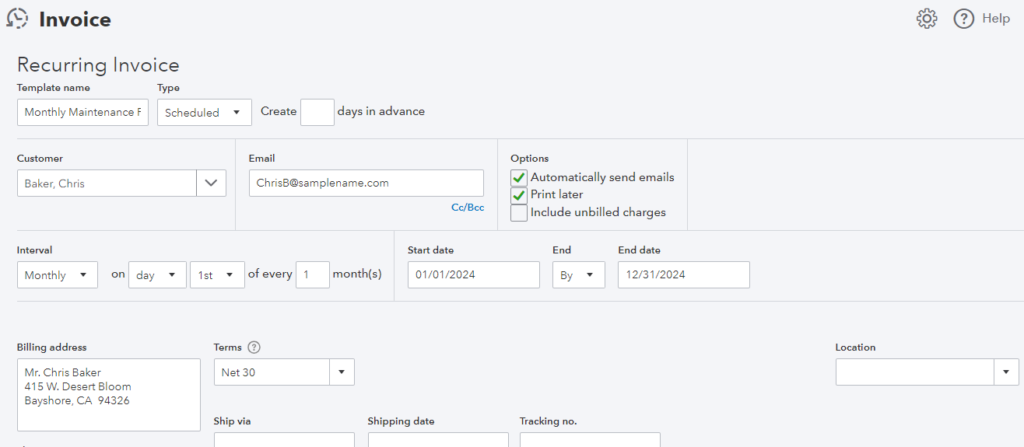 Recurring invoice creation form in QuickBooks Online showing fields like the template name and type