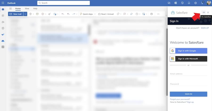 Salesflare sidebar with pin option inside the Outlook for Mac.