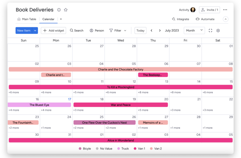 monday.com interface showing a calendar view of the project titled "Book Deliveries"