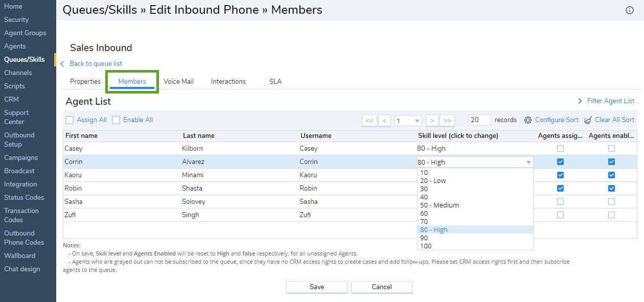 8x8 Contact Center’s "Queues/Skills" settings showing a list of agents, their respective usernames, and skill levels.