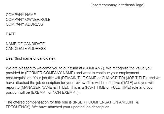 Acquired Company Job Offer Template.