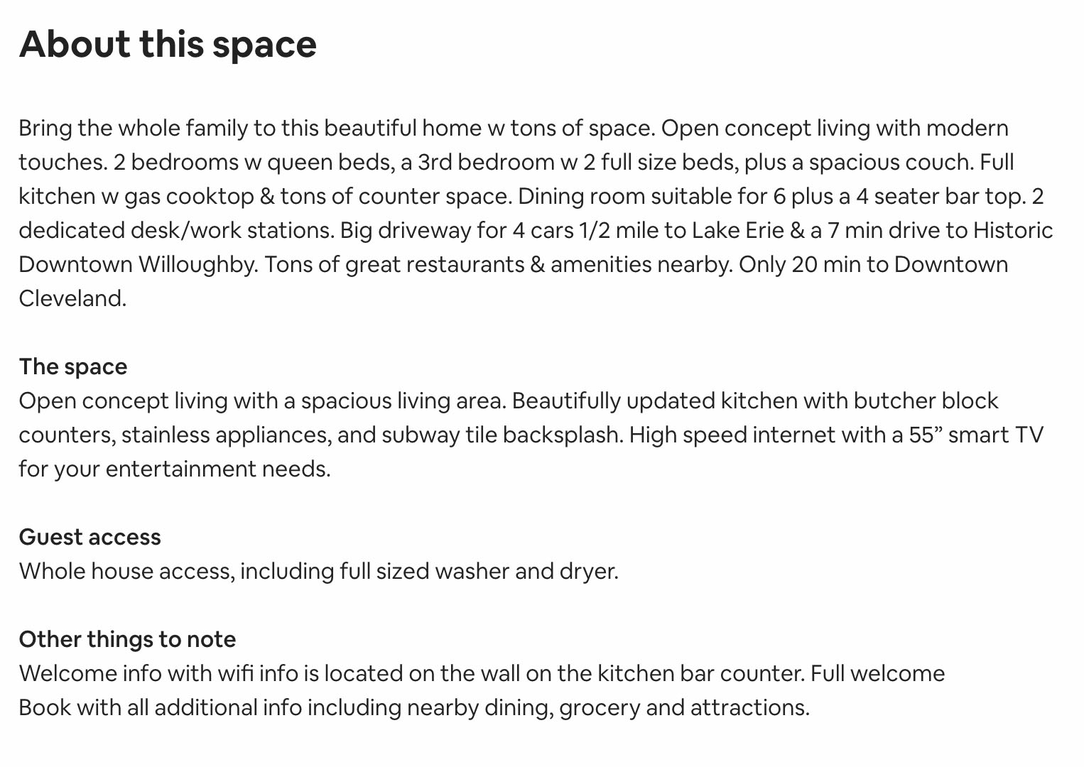 Screenshot of Airbnb listing description.