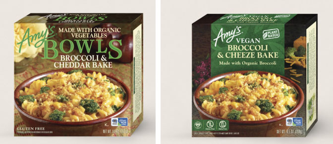 Amy's broccoli & cheddar bake frozen meal next to a vegan broccoli & 'cheeze' bake frozen meal from the same brand in similar packaging.