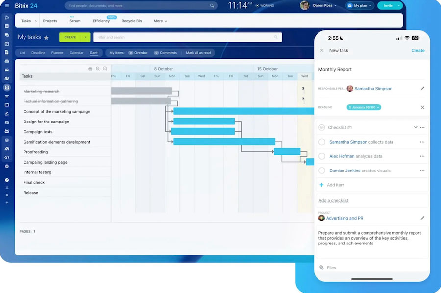 An example of Bitrix24's project management system with Gantt chart for task monitoring.