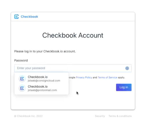 Screenshot of ConsignCloud showing customer logging into Checkbook.io account.