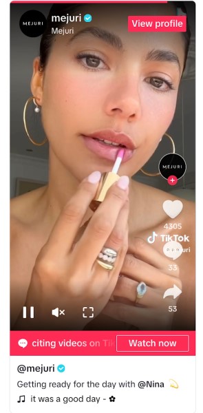Screenshot of an influencer promoting a cosmetics brand on TikTok