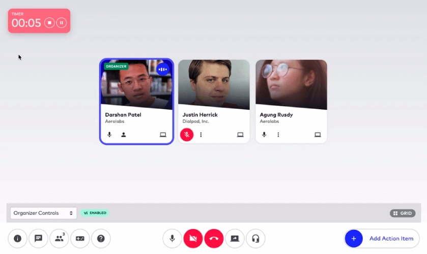 Dialpad interface showing a live meeting with a countdown timer at the top left corner, thumbnails of three participants at the center, and meeting controls at the bottom.