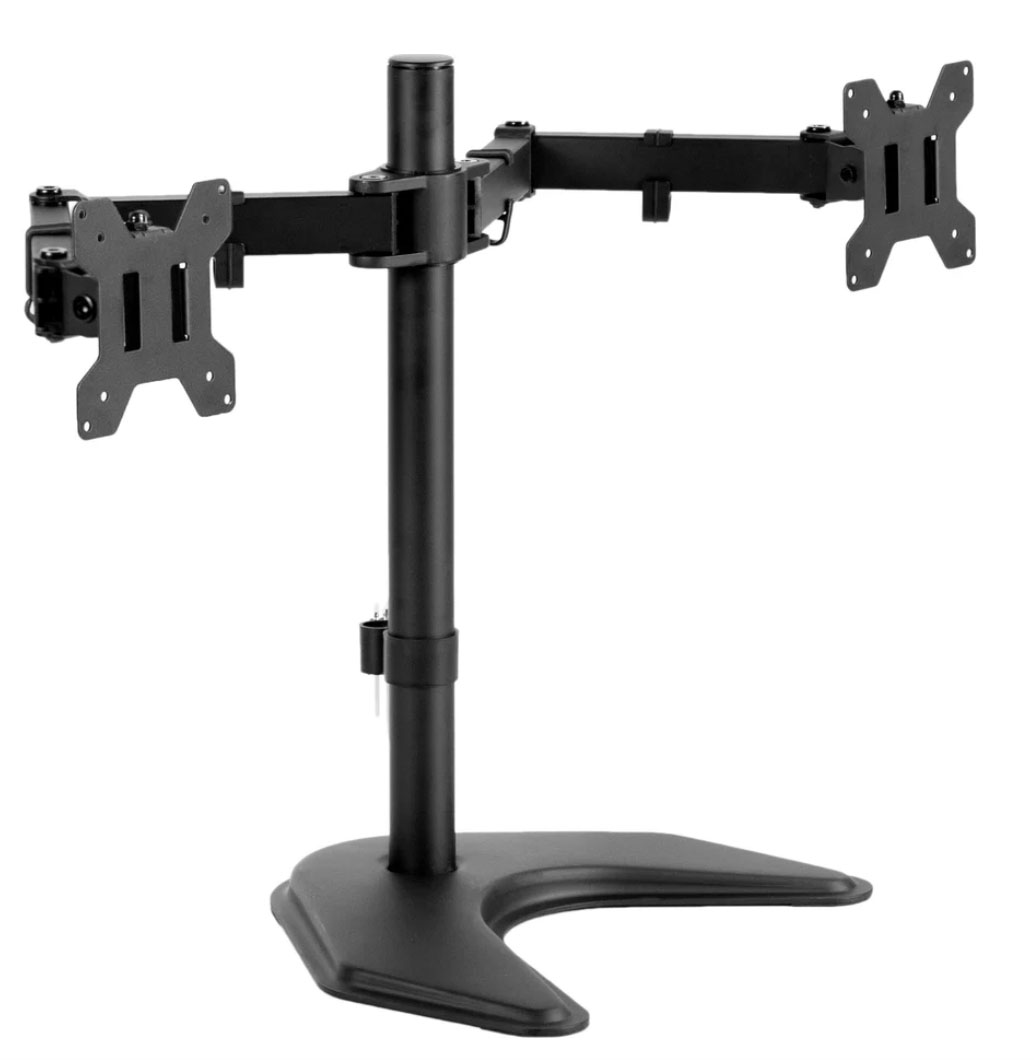 Dual monitor desk stand for up to 27 inch screens.
