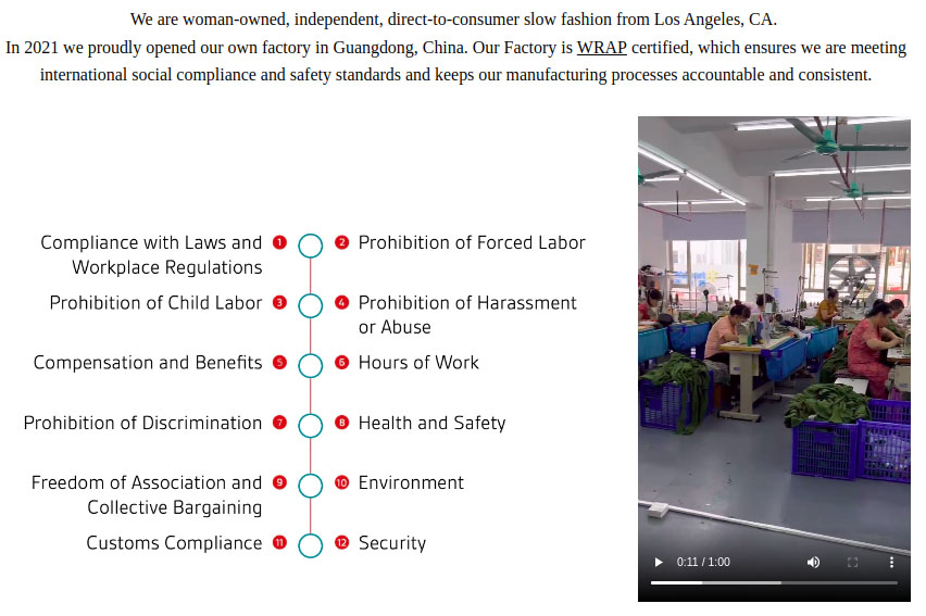 A screenshot from Fashion Brand Company's website with a list of the factors contributing to its ethical employee treatment, including hours of work and compensation, next to an embedded video.