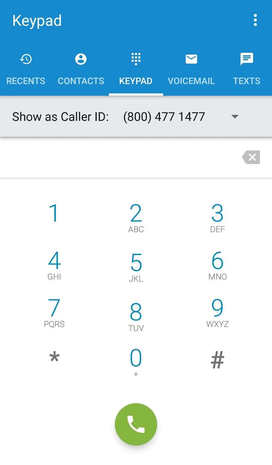 FreedomVoice dial pad with the called ID displayed.