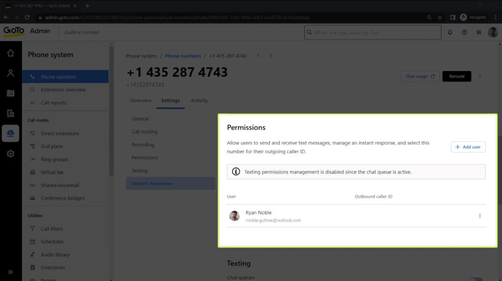 GoTo Connect interface showing a dialog box for instant response permission settings.