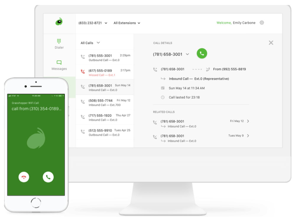 Grasshopper app call screen and call logs on mobile and desktop.