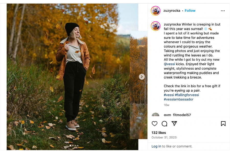 Screenshot of an influencer promoting a footwear brand on Instagram