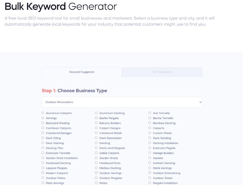 Keyword generator bar that lets you choose a business type among various options.